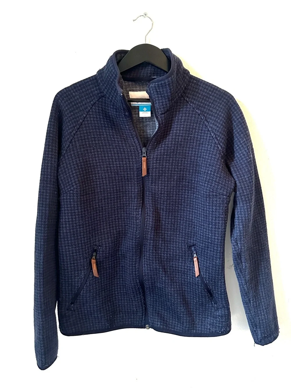 Columbia Fleece Jacket Womens L Blue Check Full Zip Mock Neck Outdoor Casual